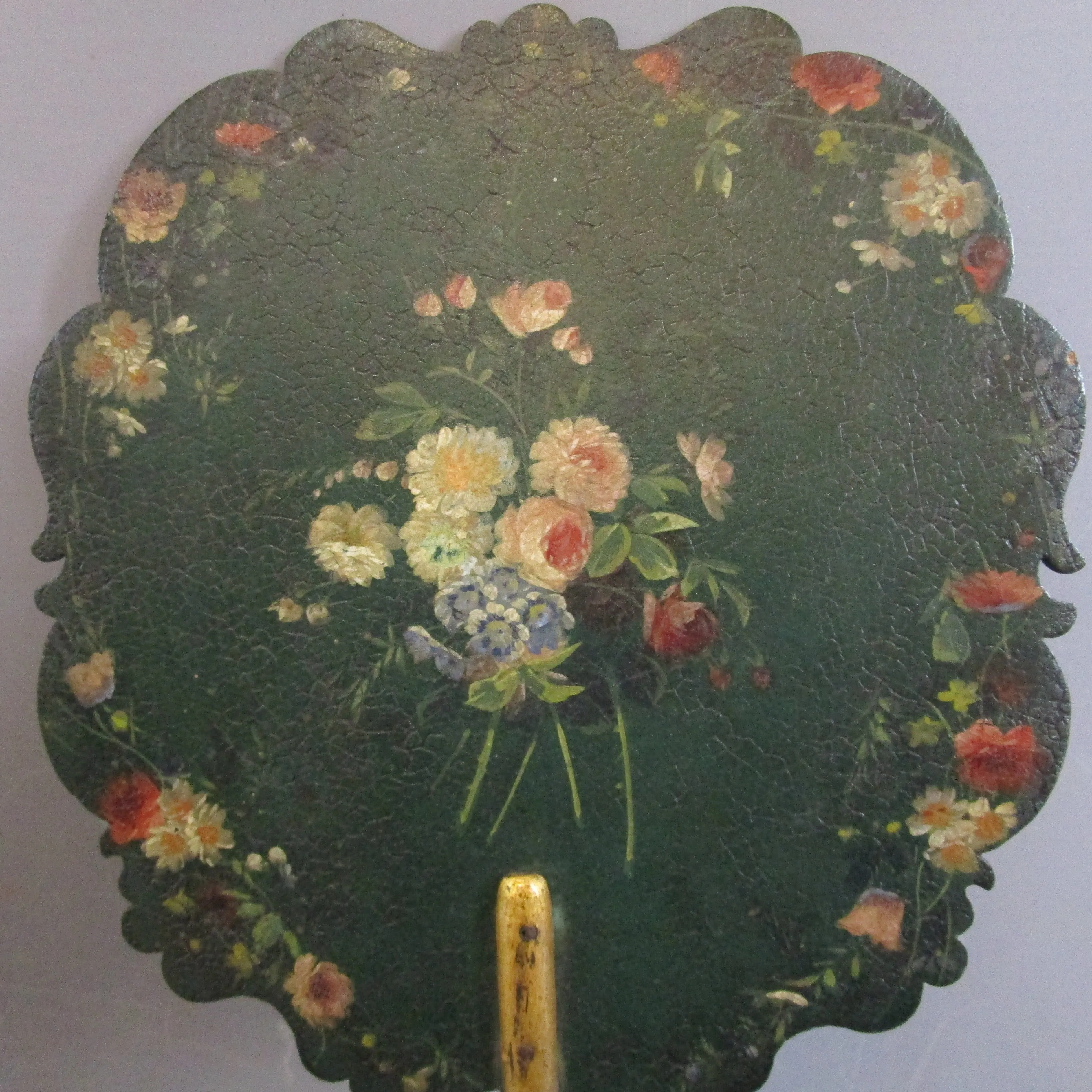 Hand Painted Floral Bouquets on Green Ground Ornately Shaped Fixed Fan Antique Victorian c1870