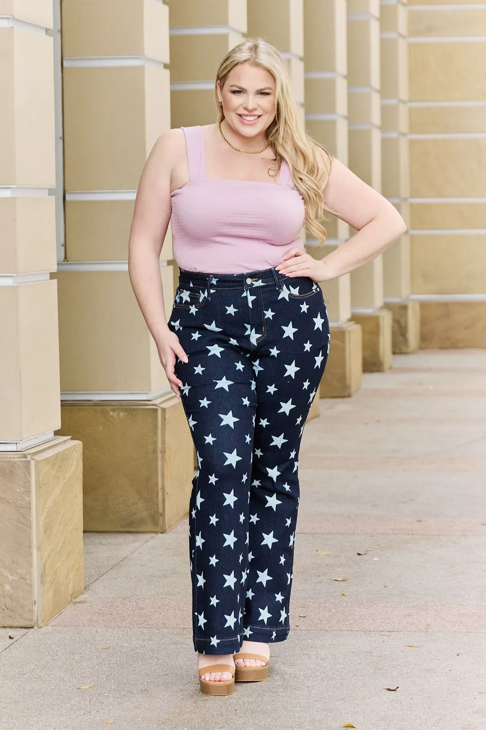 High Waist Star Print Flare Jeans