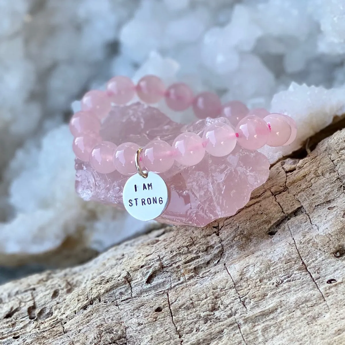 I am Strong Affirmation Bracelet with Rose Quartz to Help Achieve Success