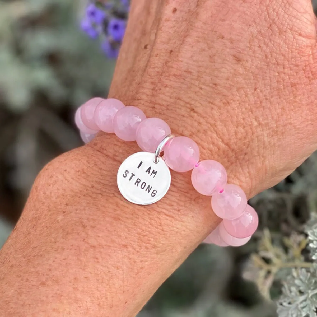 I am Strong Affirmation Bracelet with Rose Quartz to Help Achieve Success