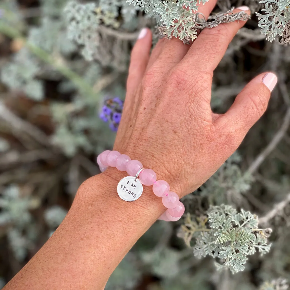 I am Strong Affirmation Bracelet with Rose Quartz to Help Achieve Success