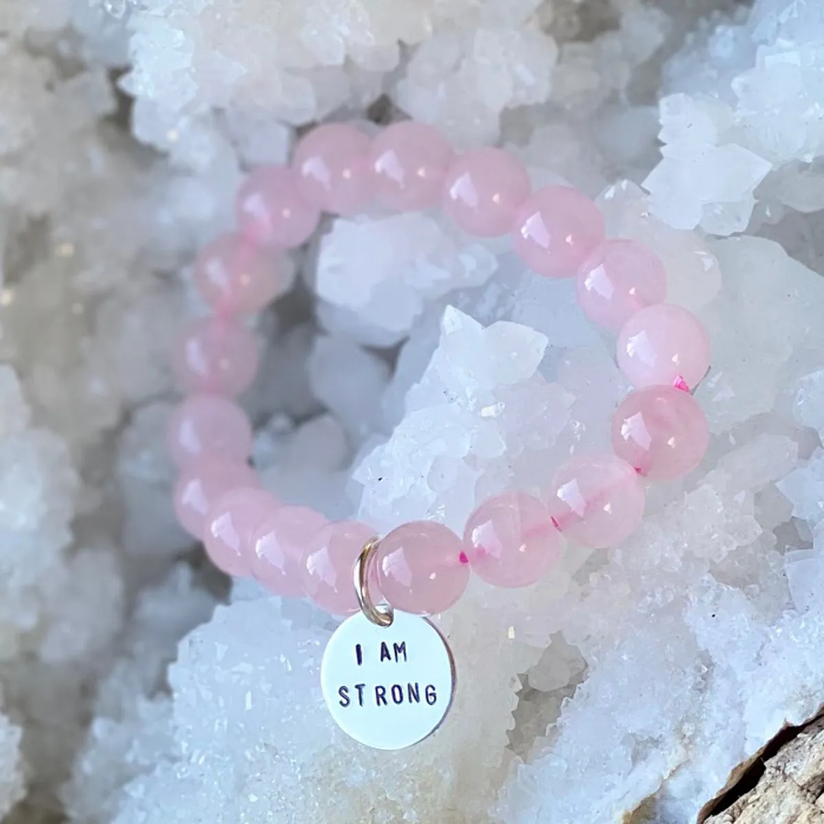 I am Strong Affirmation Bracelet with Rose Quartz to Help Achieve Success