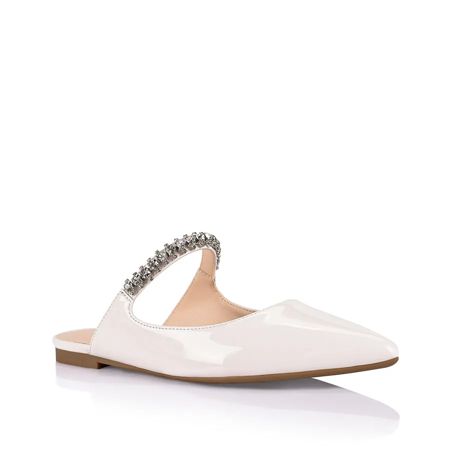 Isabel Crystal Flat Mules - Ivory Patent