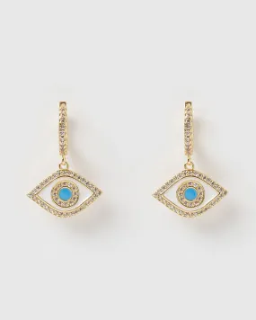 Izoa Evil Eye Huggie Earrings Gold Blue