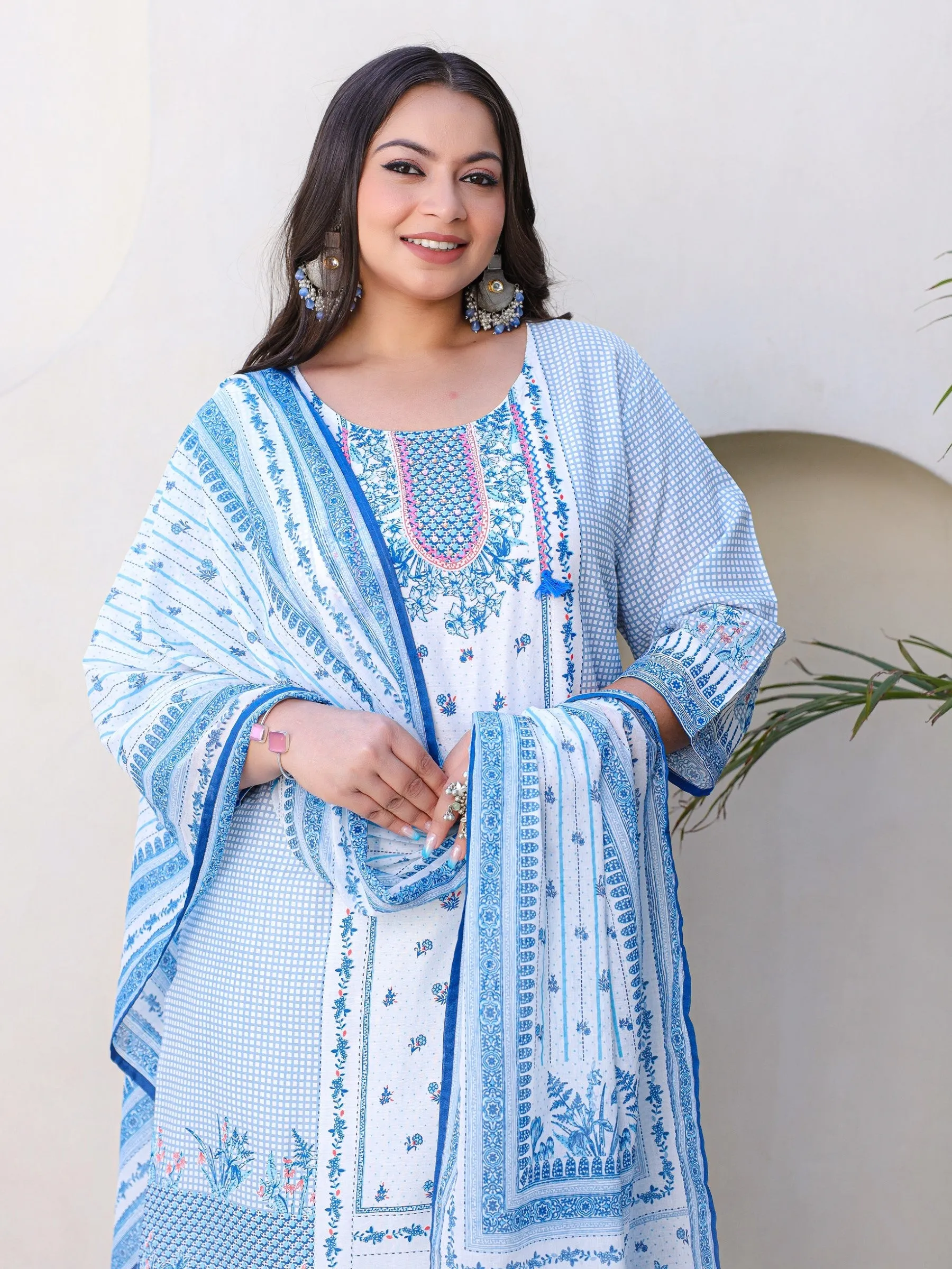 Juniper Blue Floral Printed & Stripped Rayon Plus Size Kurta Pants & Dupatta Set With Beads & Sequins (3-Pcs)