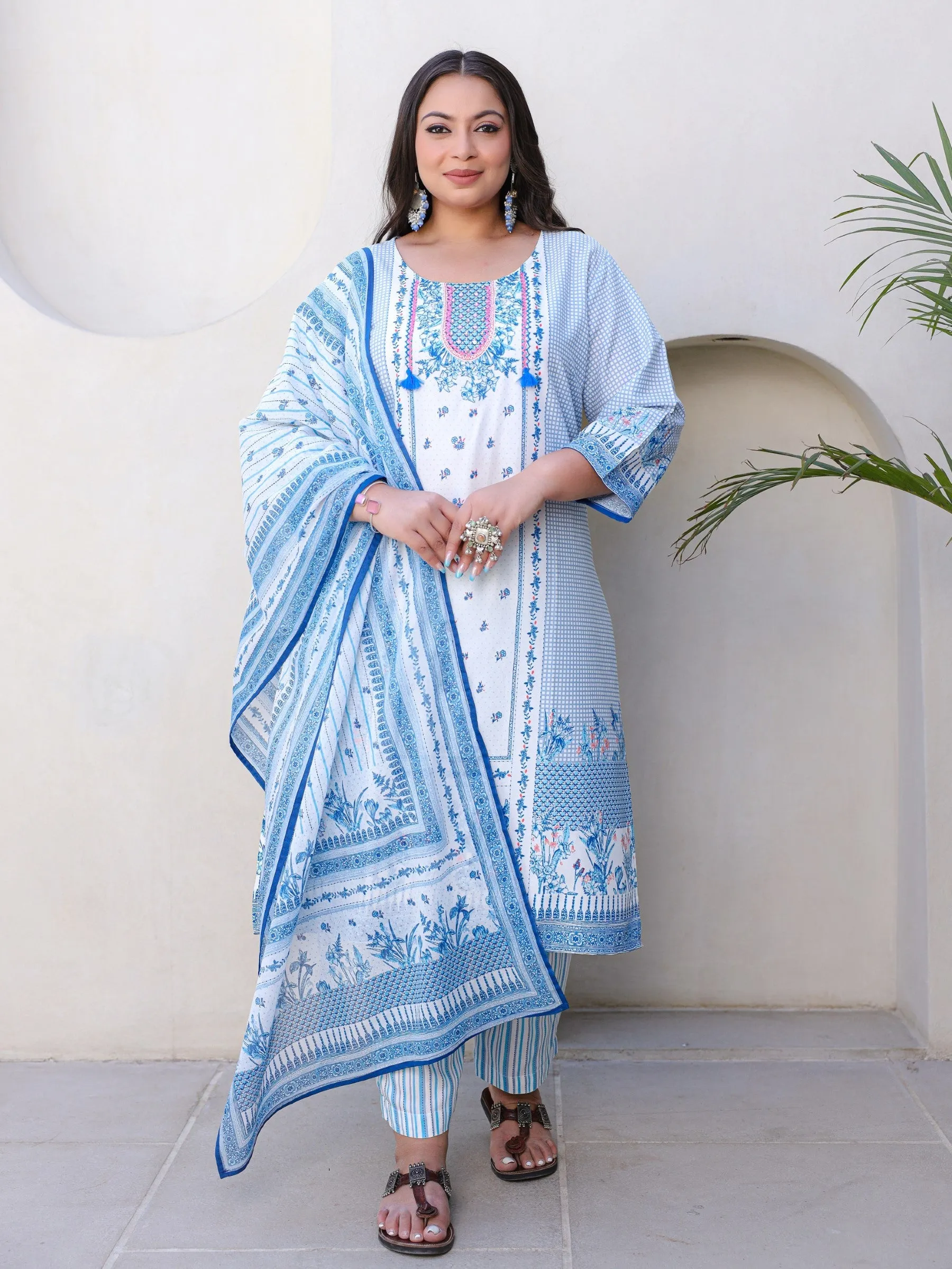 Juniper Blue Floral Printed & Stripped Rayon Plus Size Kurta Pants & Dupatta Set With Beads & Sequins (3-Pcs)