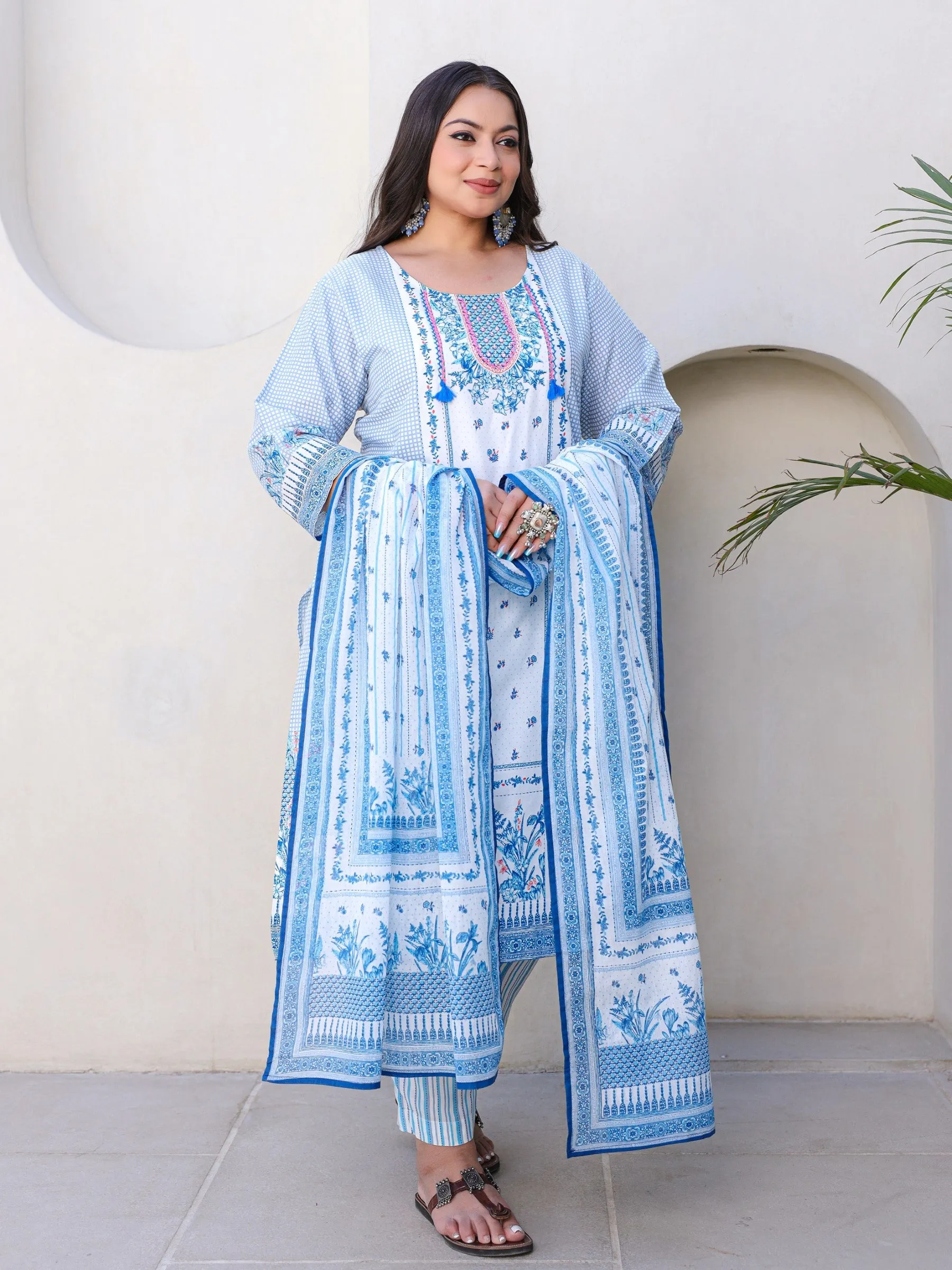 Juniper Blue Floral Printed & Stripped Rayon Plus Size Kurta Pants & Dupatta Set With Beads & Sequins (3-Pcs)