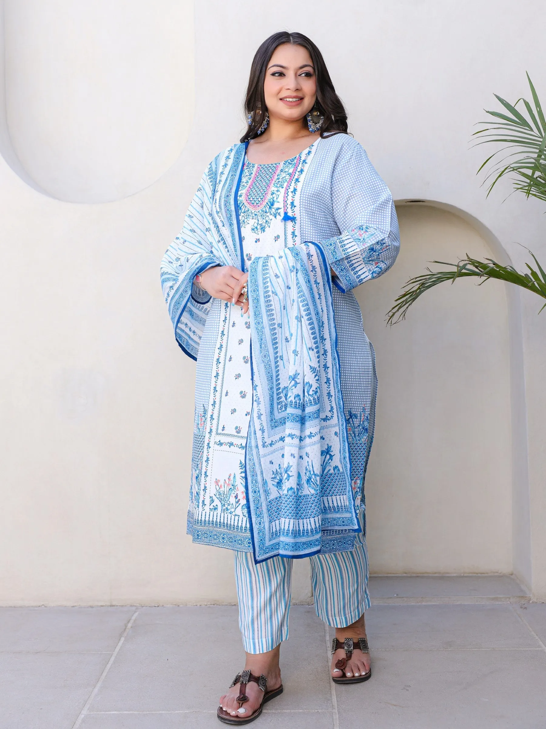 Juniper Blue Floral Printed & Stripped Rayon Plus Size Kurta Pants & Dupatta Set With Beads & Sequins (3-Pcs)