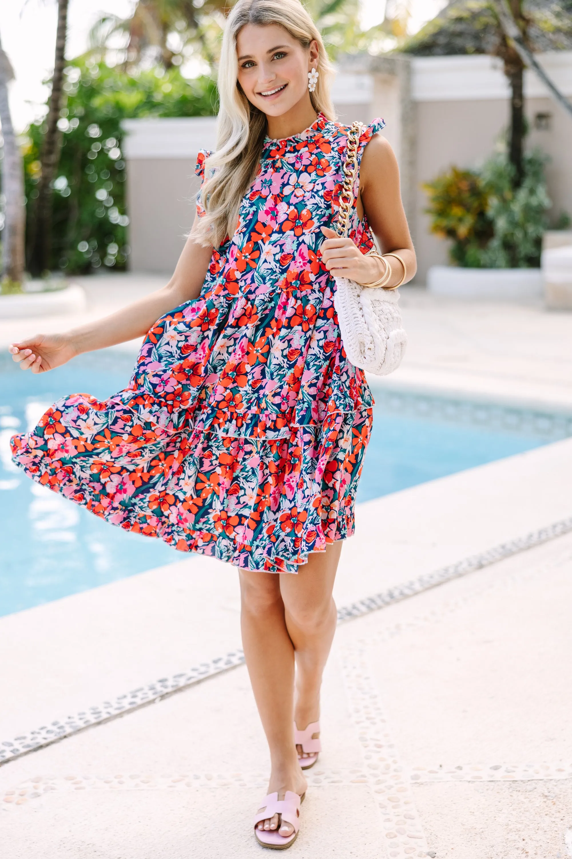 Just A Dream Navy Blue Floral Babydoll Dress