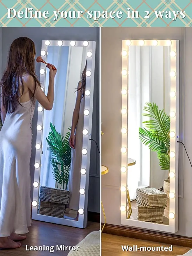 Large Full-Length Floor Mirror with Lights for Bedroom White