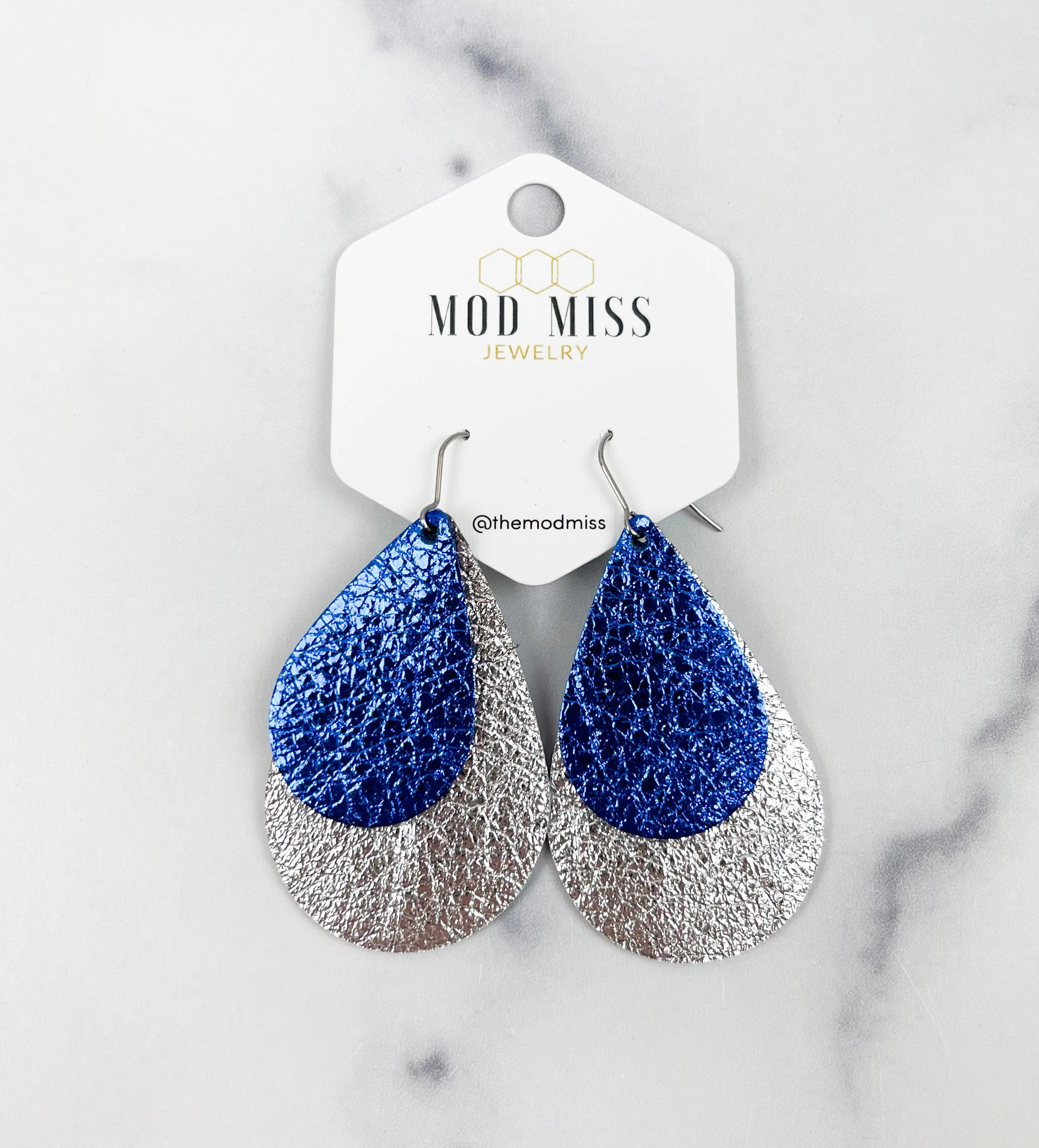 Leather Stacked Teardrop Earring Metallic Royal Blue   Metallic Silver