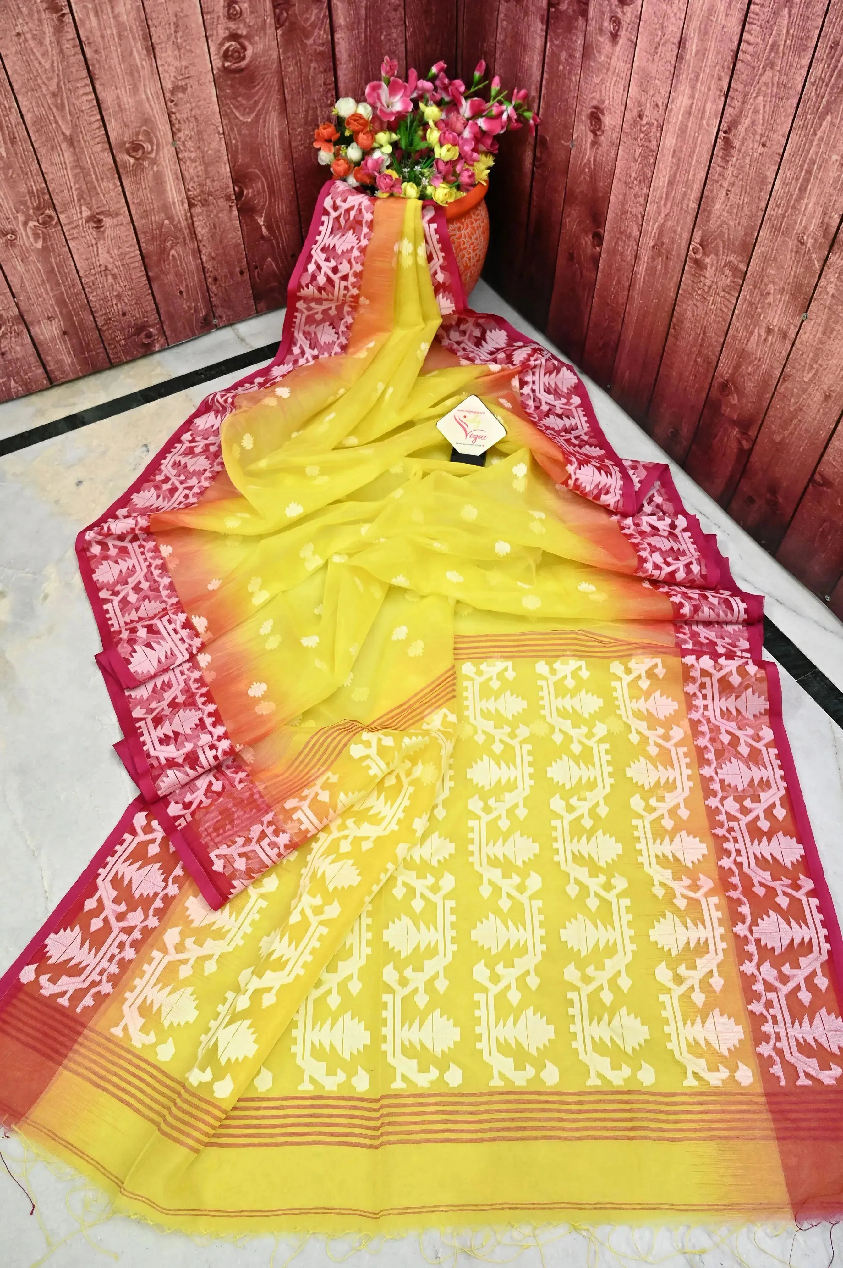 Lemon Yellow Color Muslin Jamdani Saree with Ikat Style Jamdani Weaving