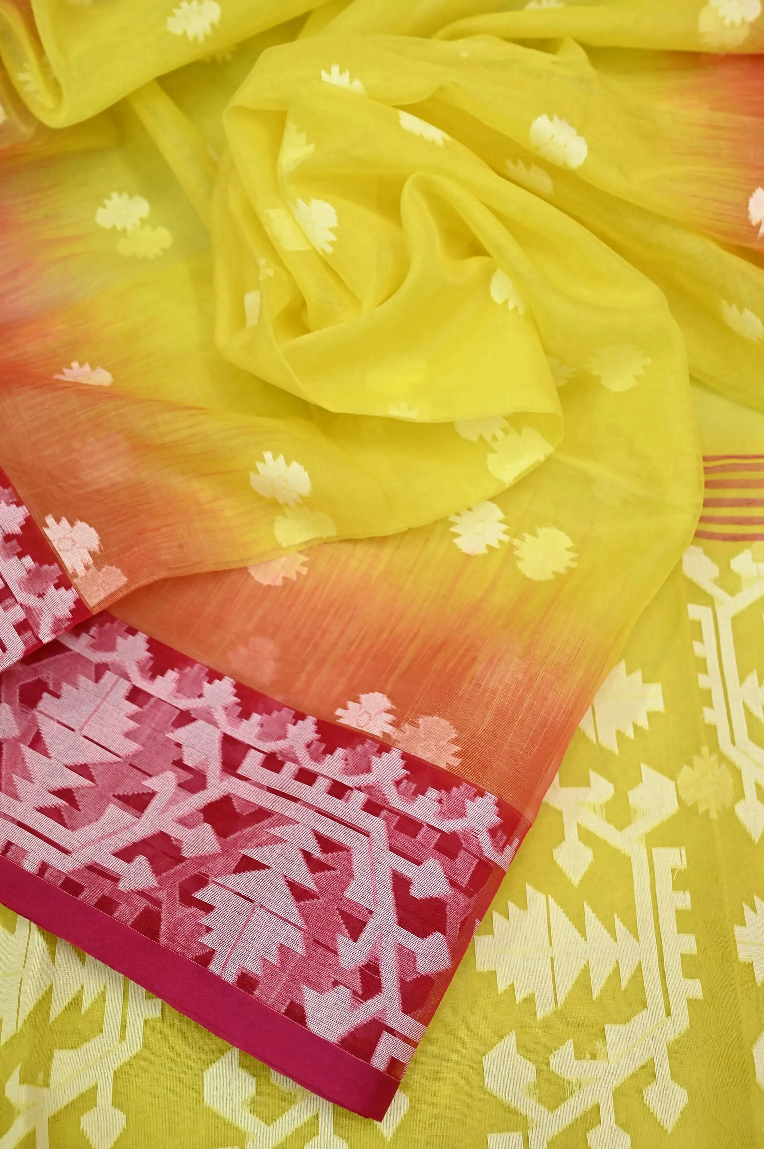 Lemon Yellow Color Muslin Jamdani Saree with Ikat Style Jamdani Weaving