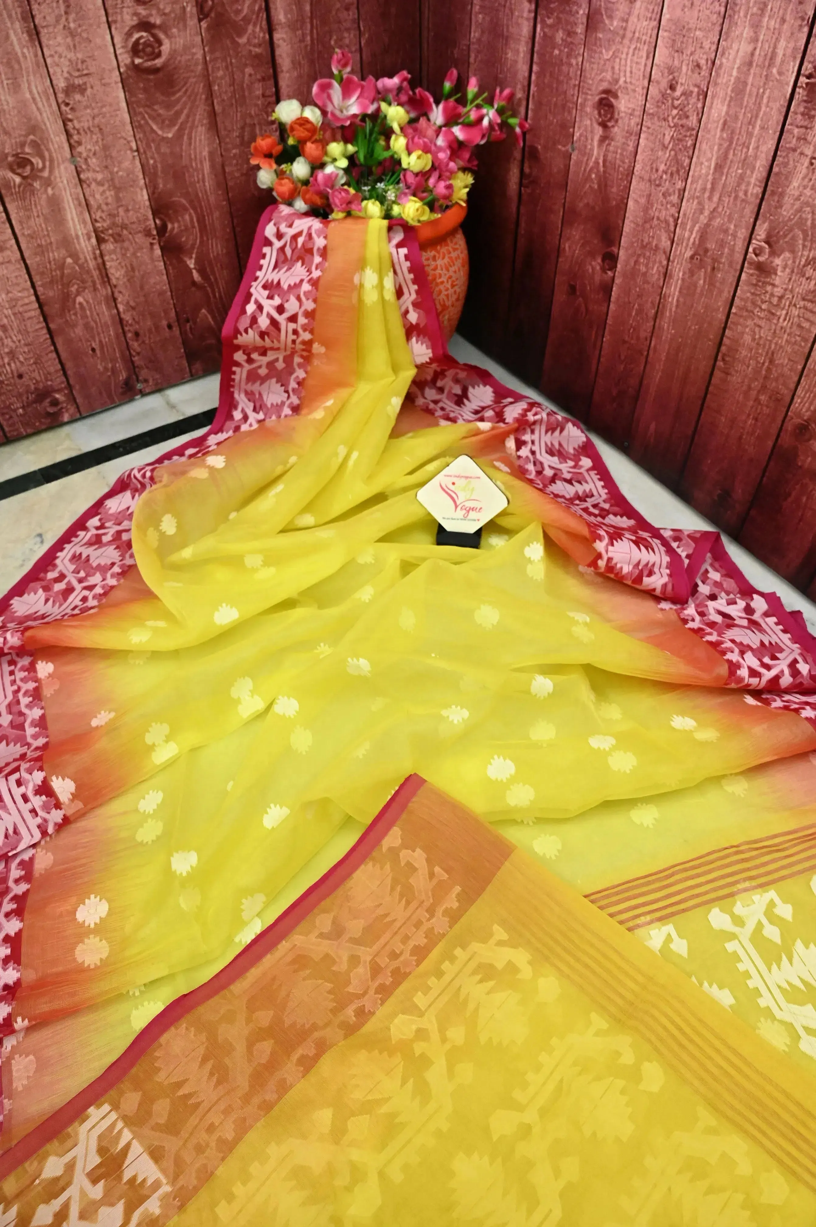 Lemon Yellow Color Muslin Jamdani Saree with Ikat Style Jamdani Weaving