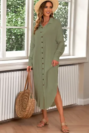 Long Sleeve Cotton Shirt Dress - Green