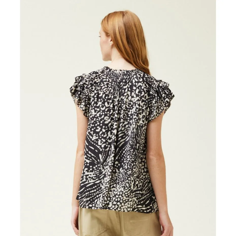 Mary Grade and Gather Black Printed Ruffle Sleeve Blouse