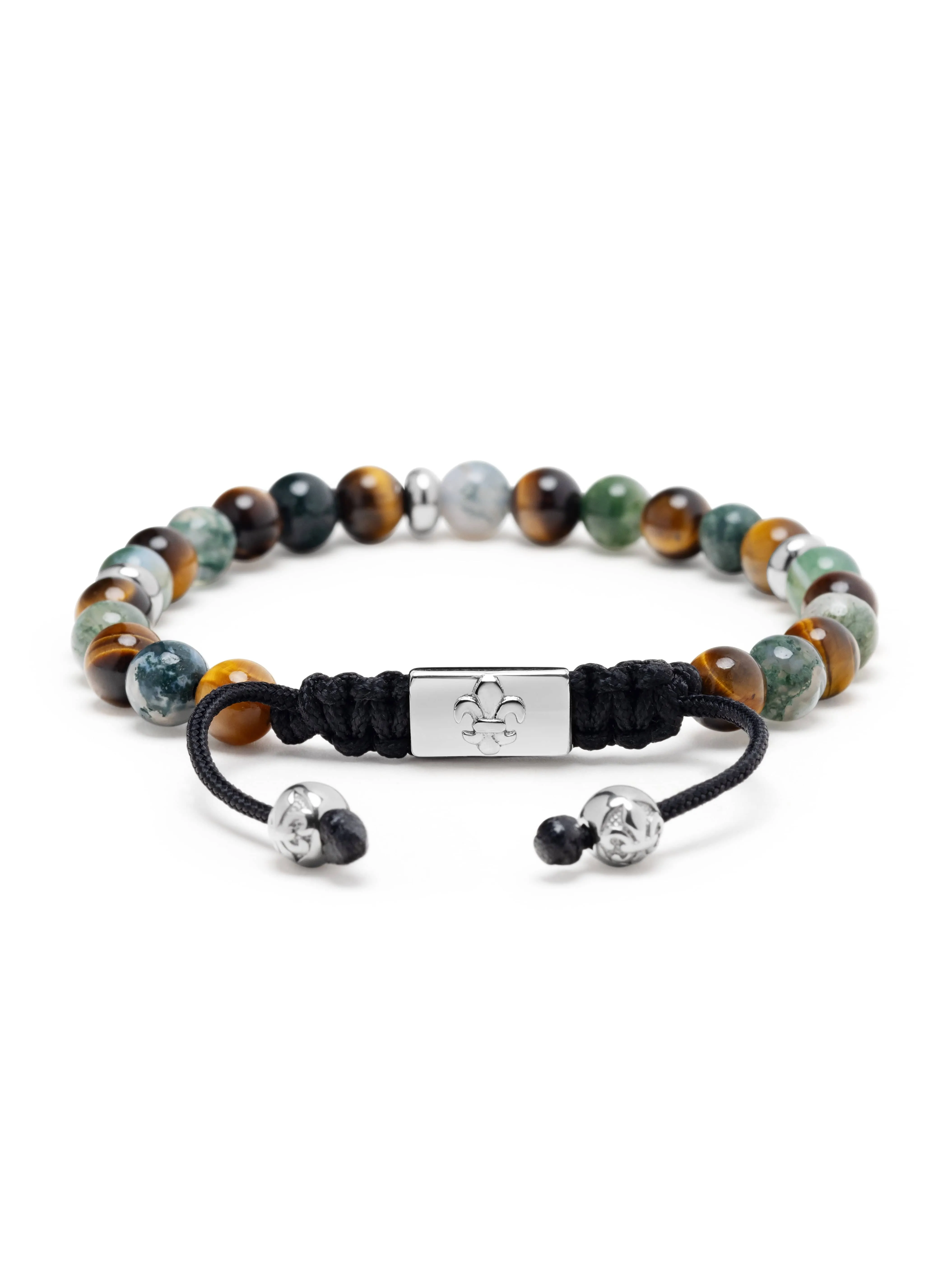 Men's Beaded Bracelet with Aquatic Agate, Brown Tiger Eye and Silver