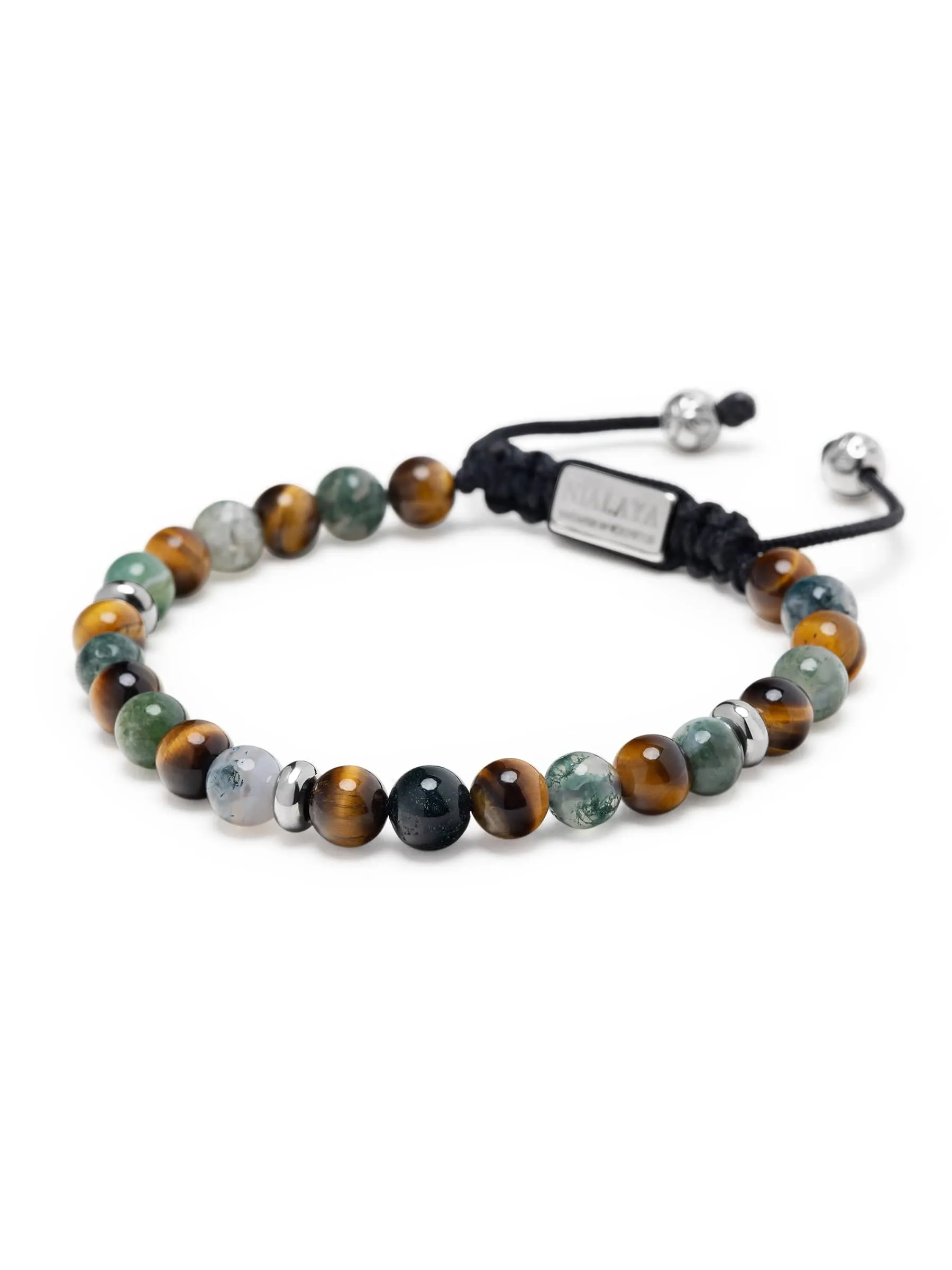 Men's Beaded Bracelet with Aquatic Agate, Brown Tiger Eye and Silver