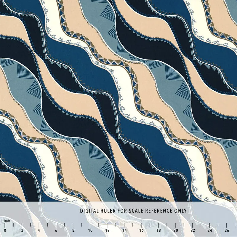 Modern Hawaiian Tribal Print Rayon Fabric | Blue and Black Wave Design BLU-0003RP