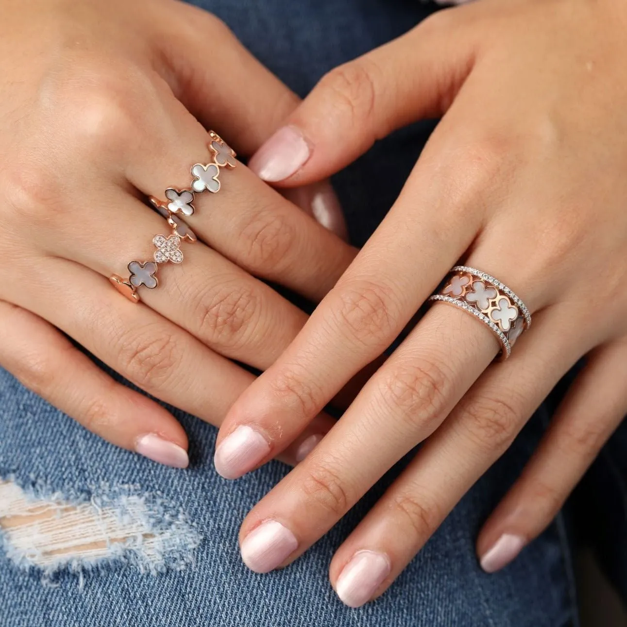 Mother of Pearl Clover Diamond Banded Eternity Ring