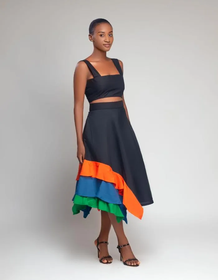 NAIA A crop top paired with a flared skirt, the Mae Skirt set