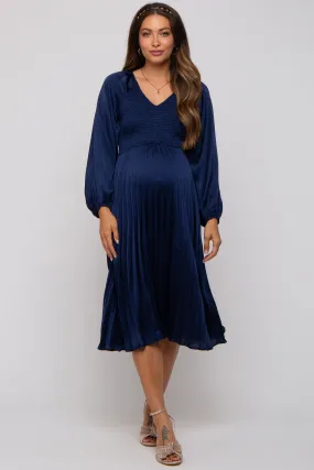 Navy Satin Smocked and Pleated Maternity Midi Dress