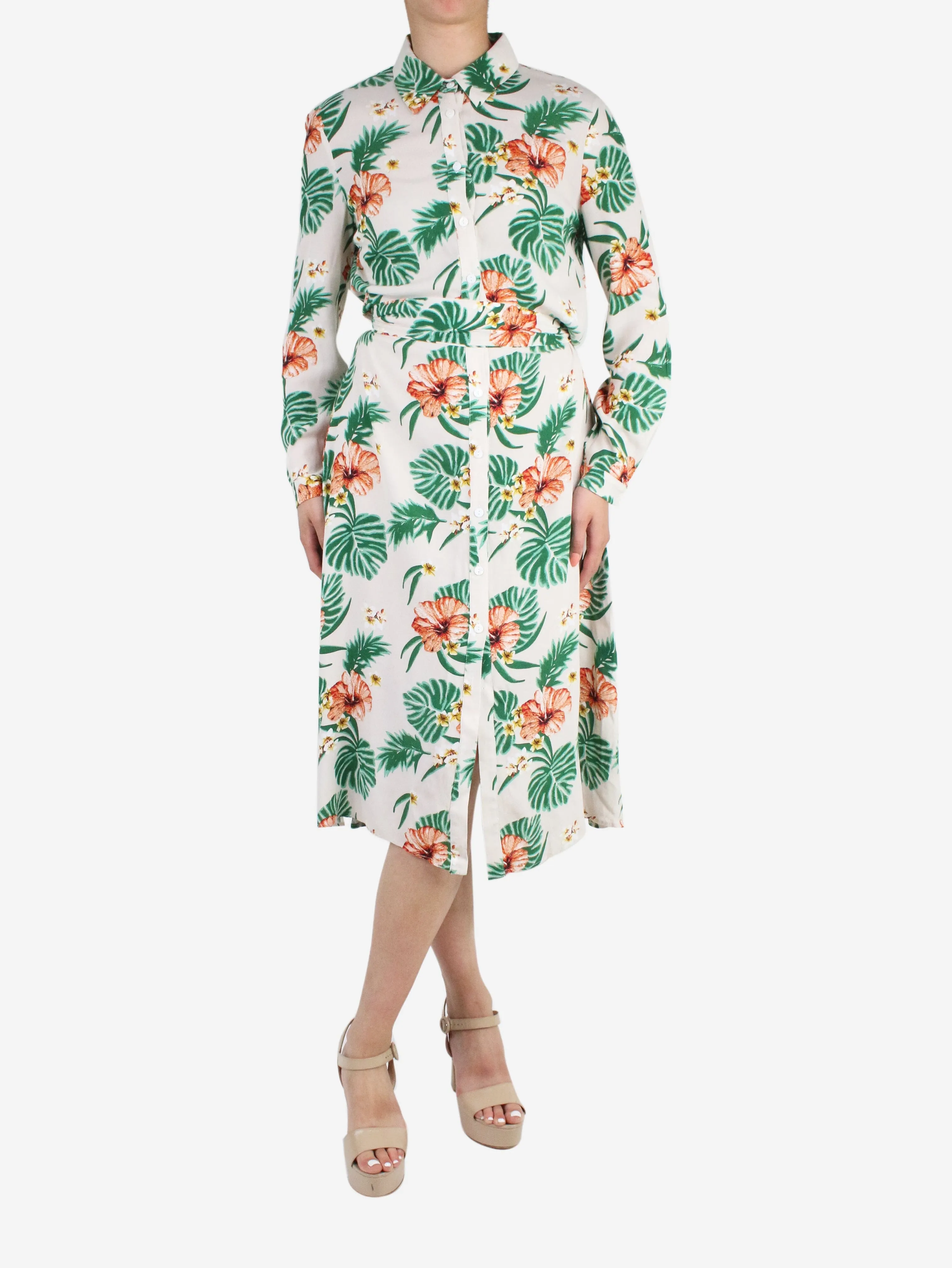 Neutral floral button-up midi dress - size US 6