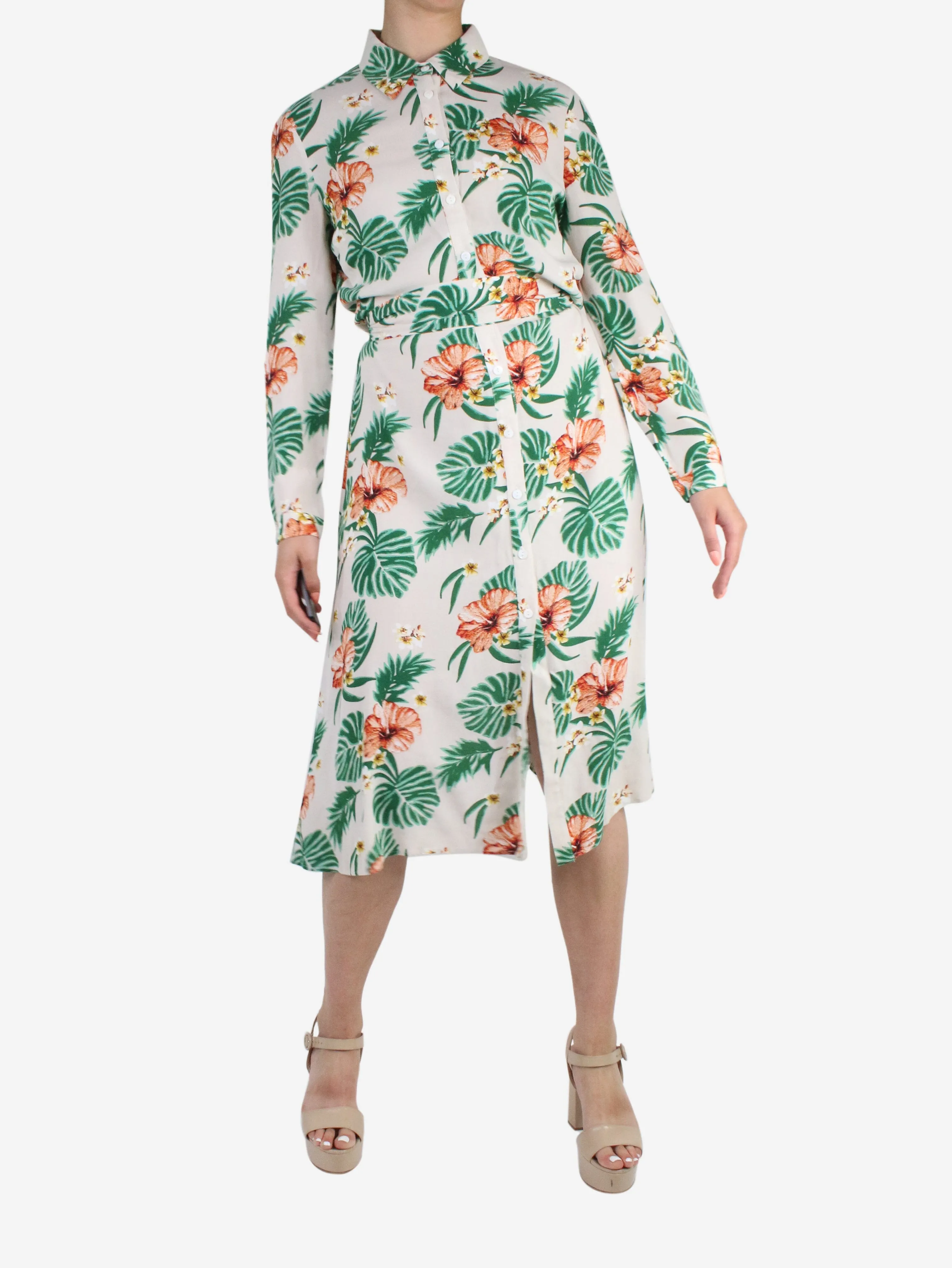 Neutral floral button-up midi dress - size US 6