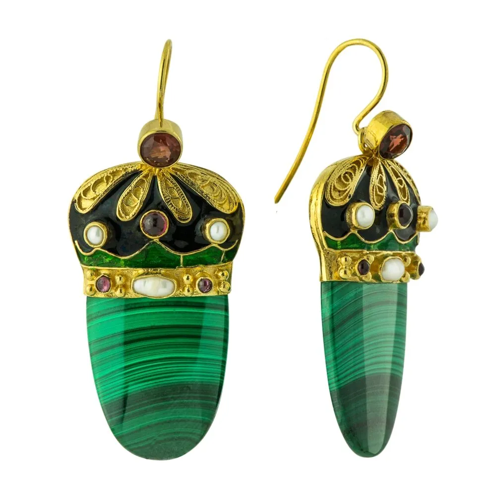 Nicholas I Malachite, Garnet and Pearl Earrings