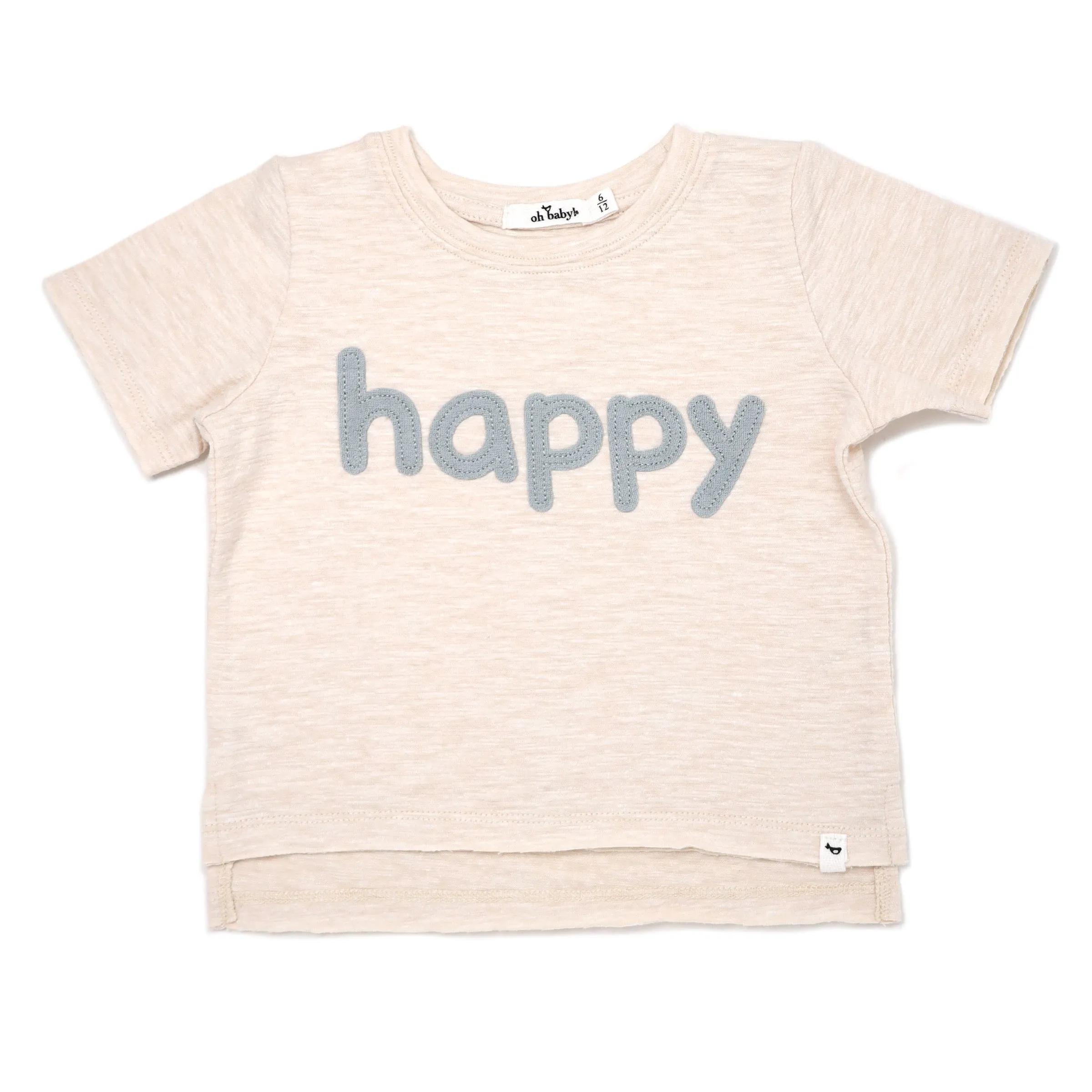 oh baby! Raw Edge Short Sleeve Cotton Slub Tee - happy Mist Applique  - Sand Heather