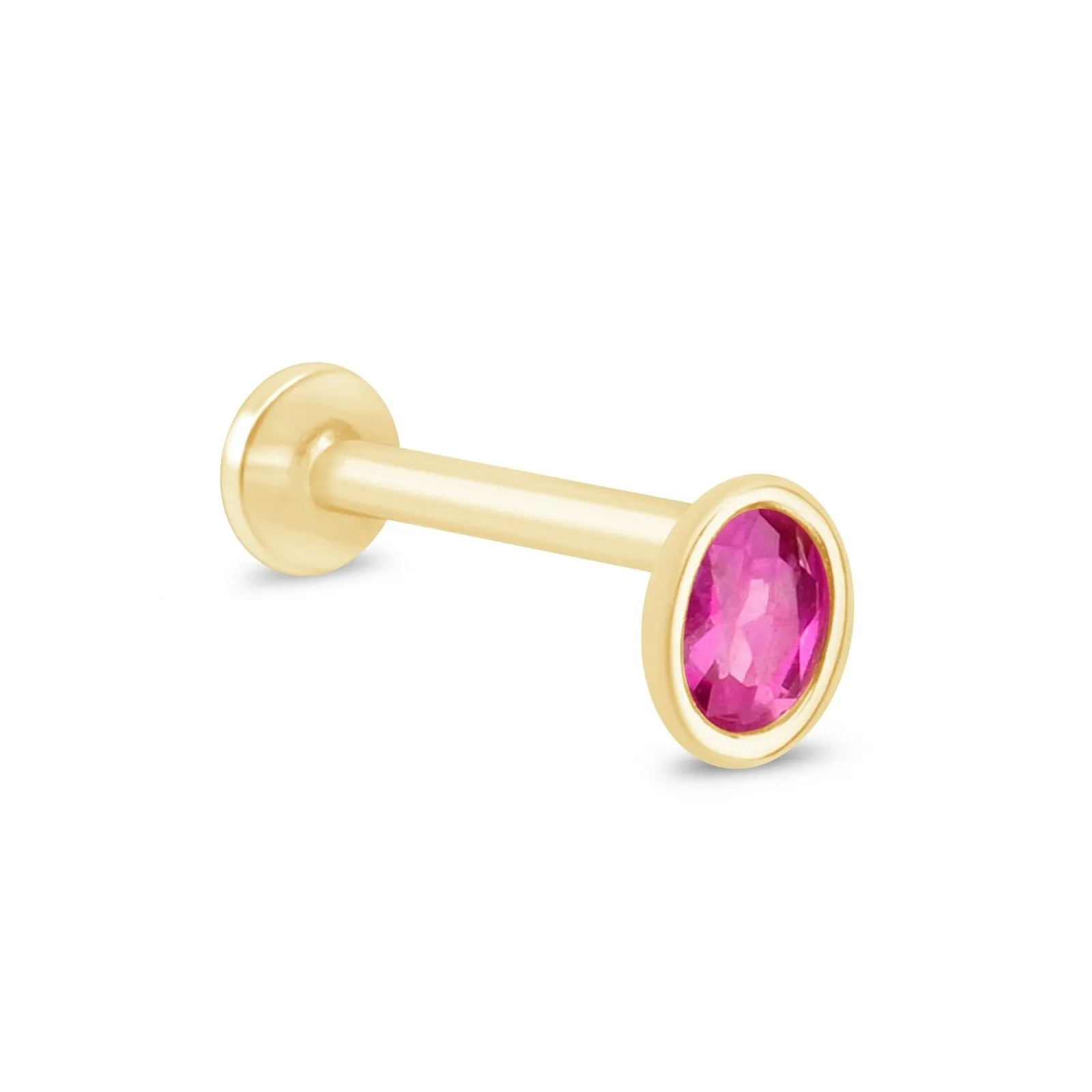 Oval Pink Ruby Flat Back Earring in Bezel Set Solid 14k Yellow Gold