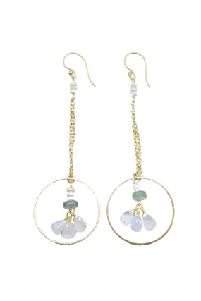 Pearl Accented Gold Chain Dangle Earrings with Green Strawberry Quartz and Moonstone Hoop Drop