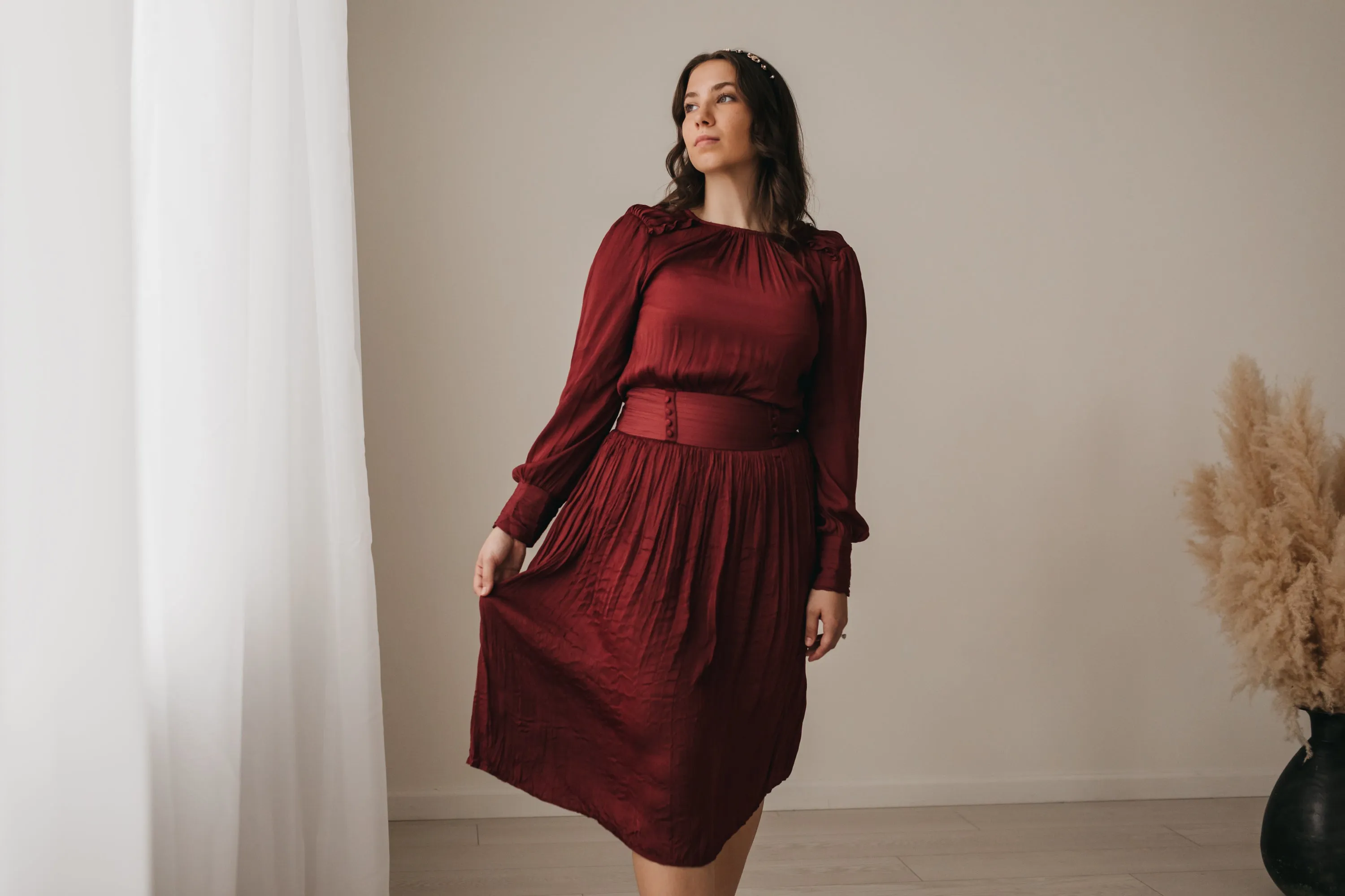 Penelope Satin Midi Dress in Burgundy