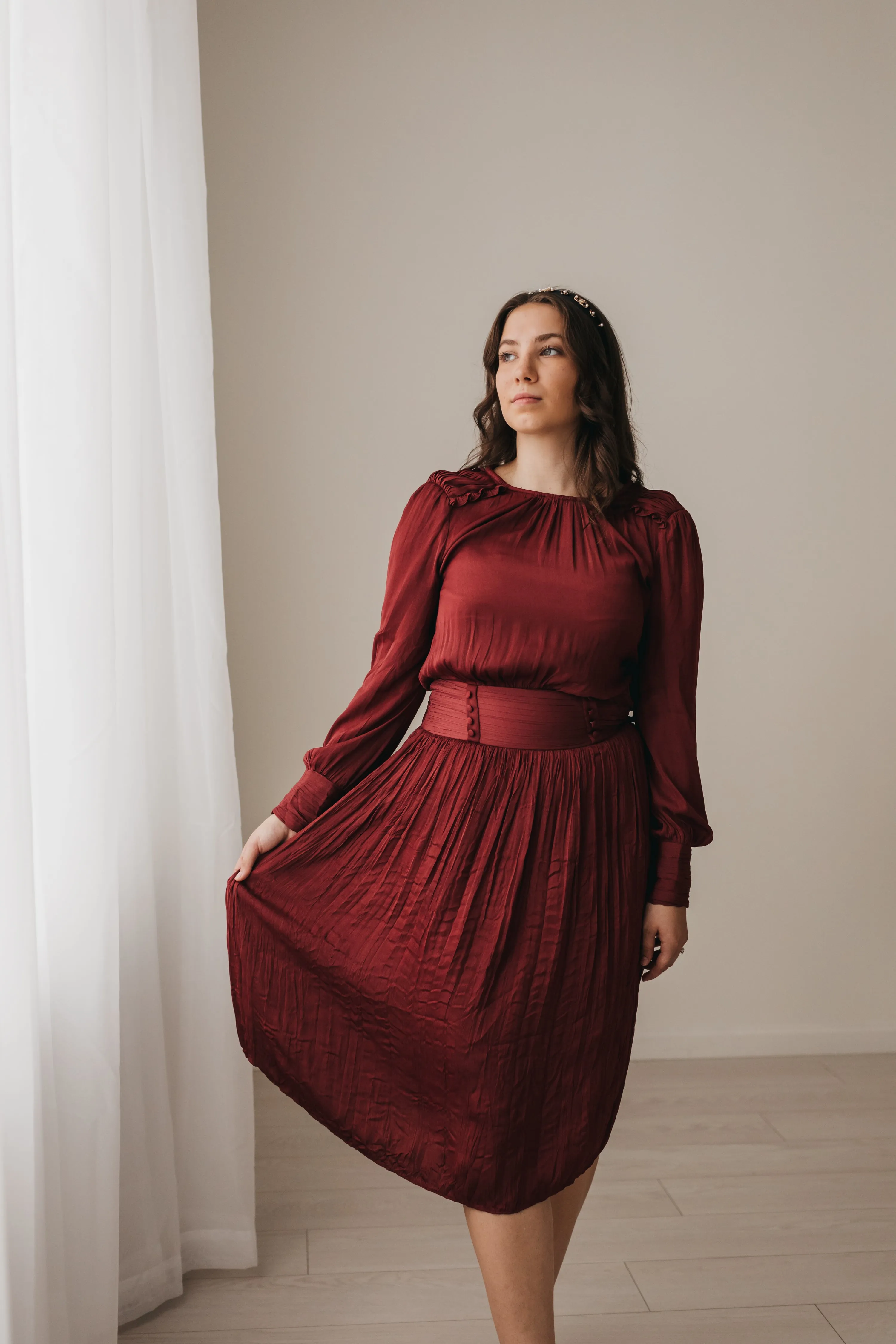 Penelope Satin Midi Dress in Burgundy