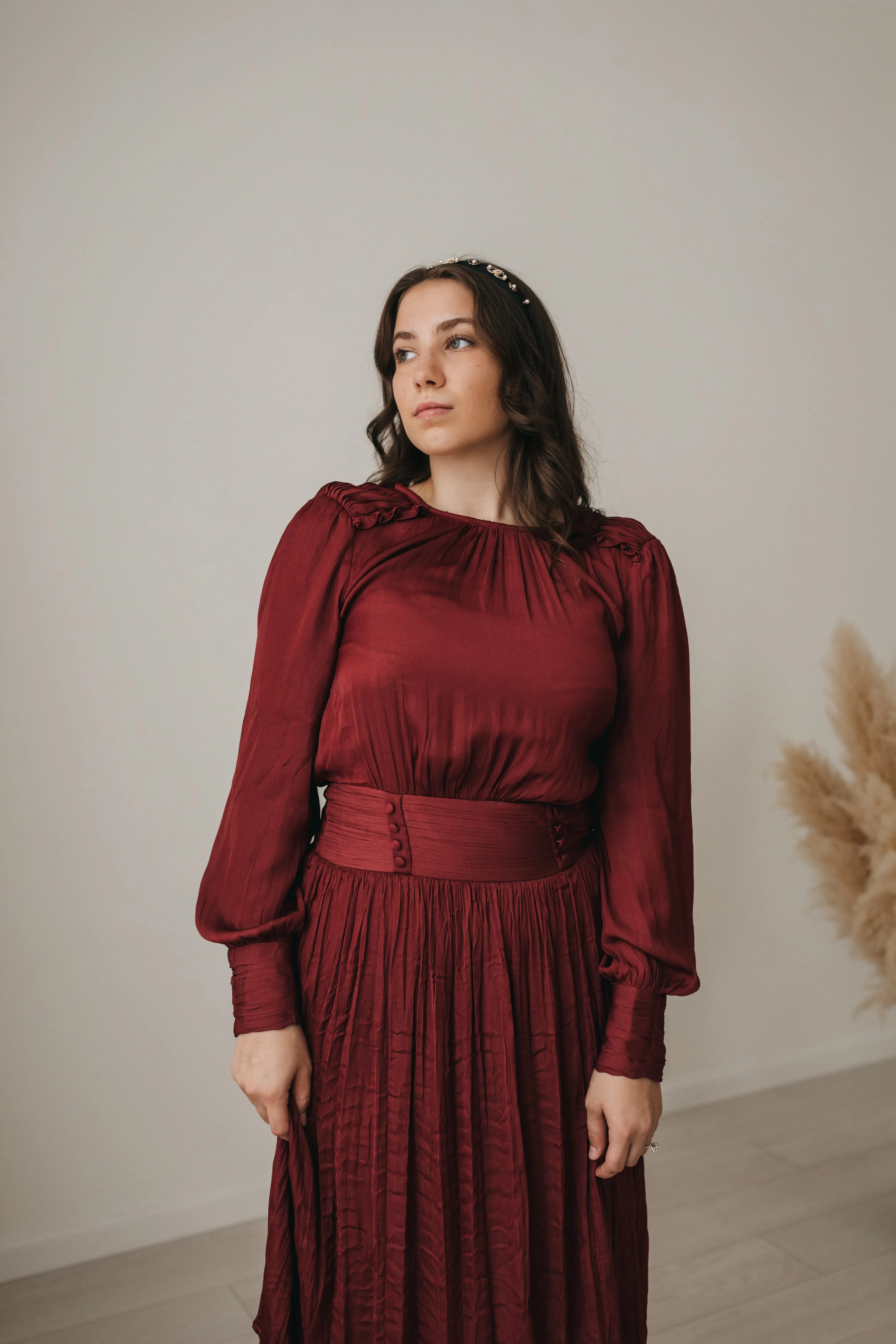 Penelope Satin Midi Dress in Burgundy