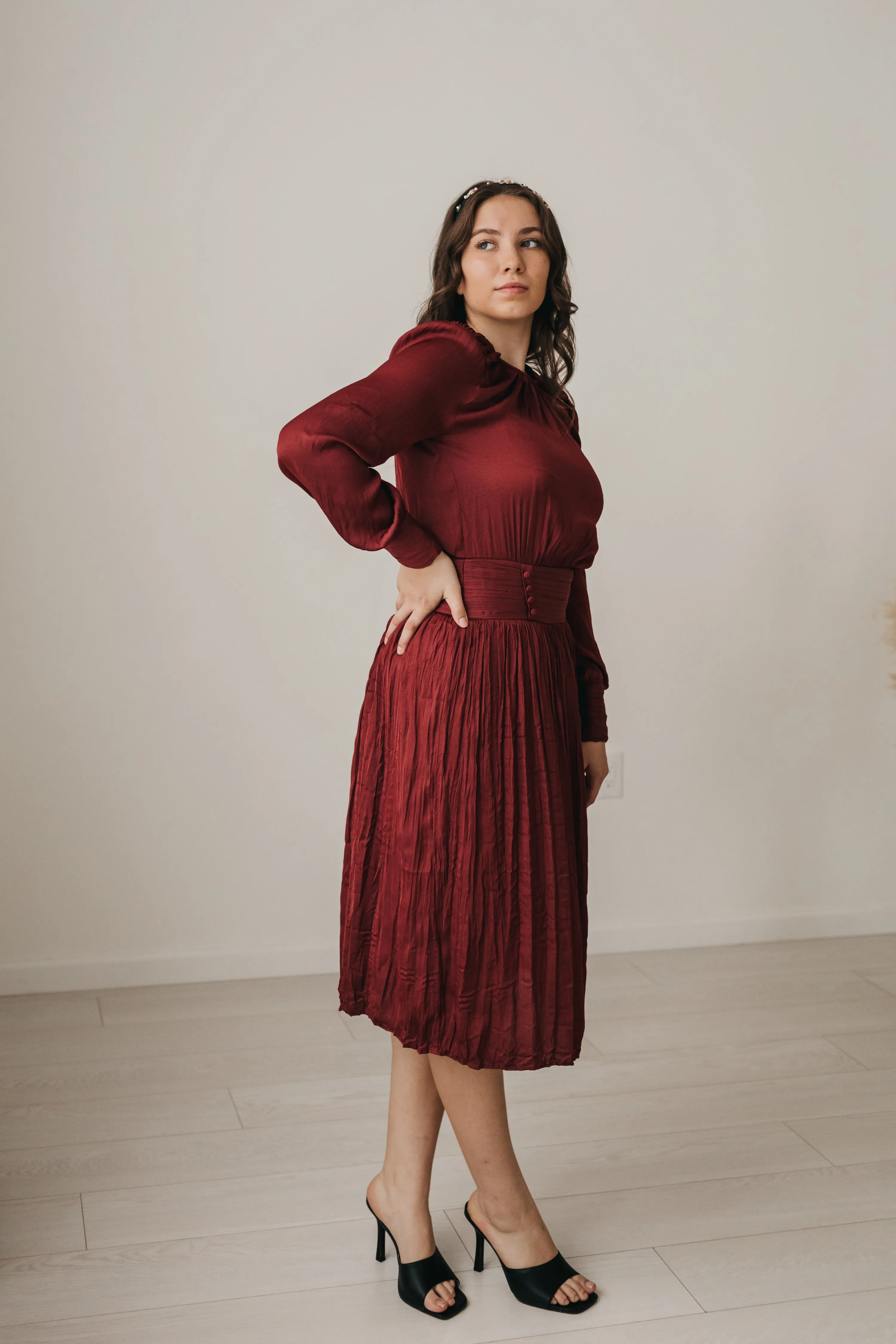 Penelope Satin Midi Dress in Burgundy