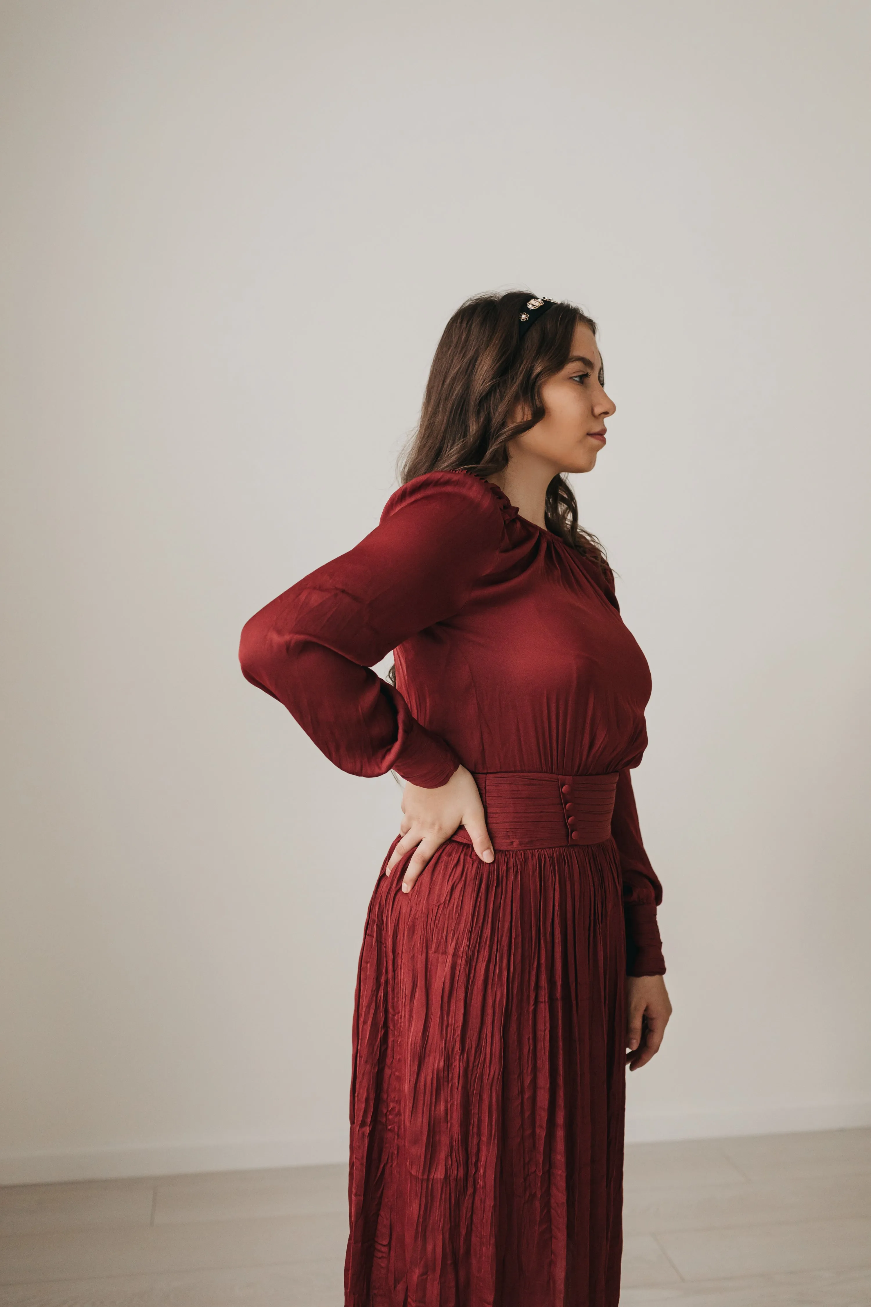 Penelope Satin Midi Dress in Burgundy