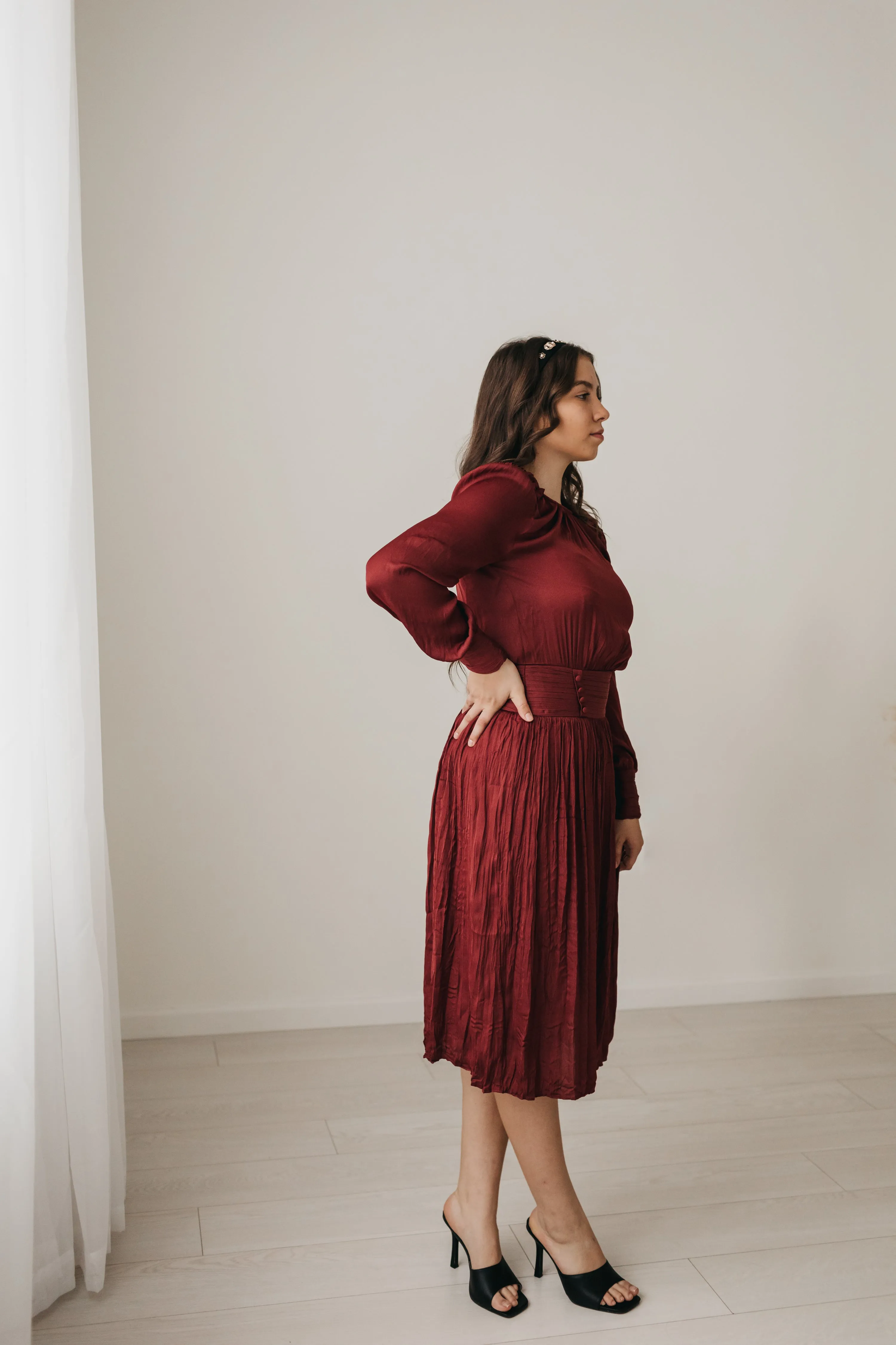 Penelope Satin Midi Dress in Burgundy