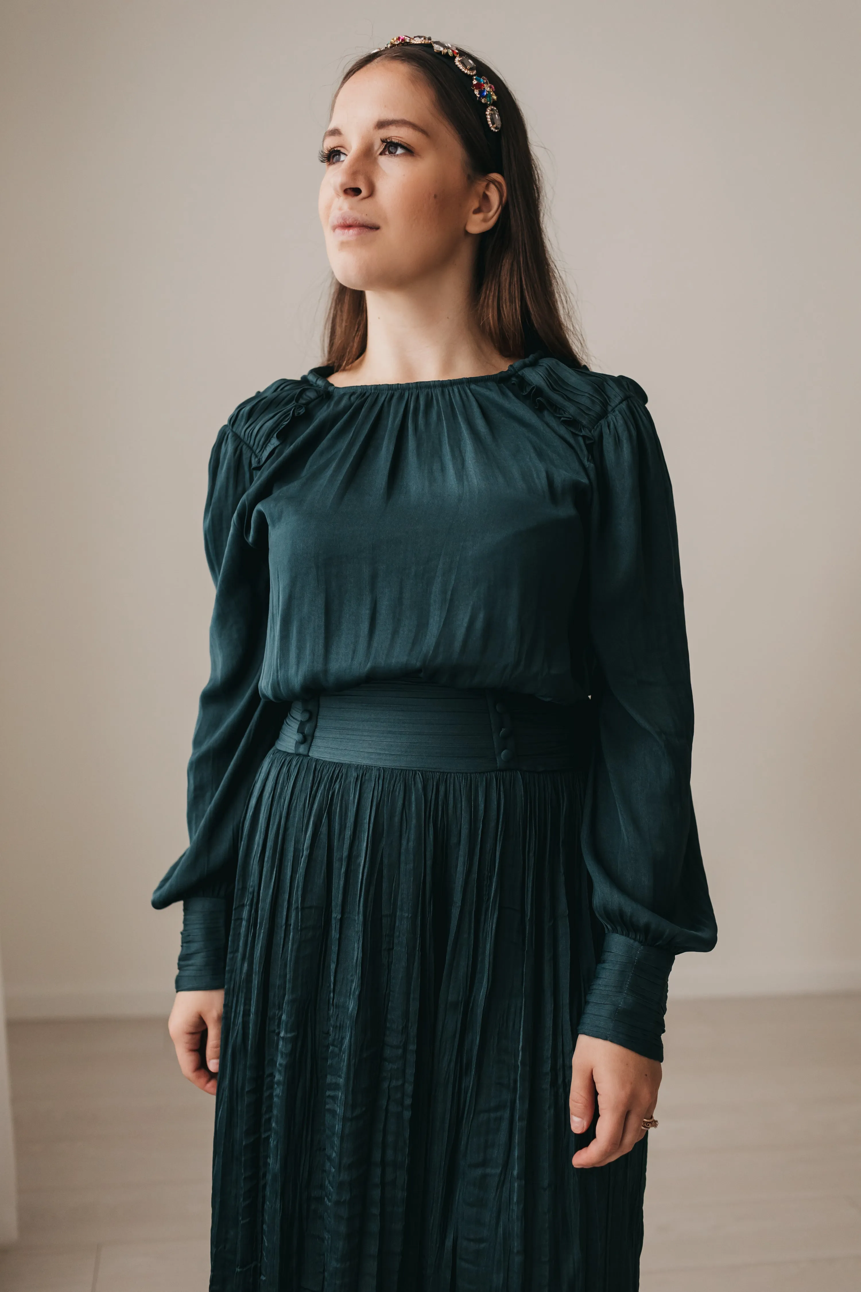 Penelope Satin Midi Dress in Forest Green