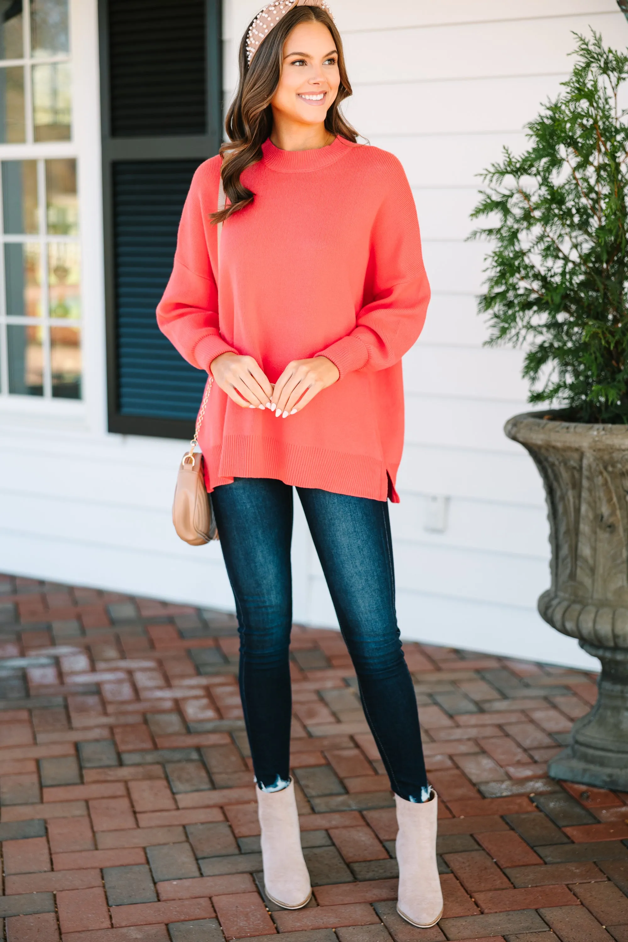 Perfectly You Coral Orange Mock Neck Sweater