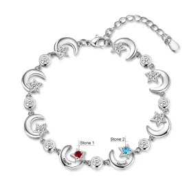 Personalized 2 Birthstone Star Moon Chain Bracelets For Women