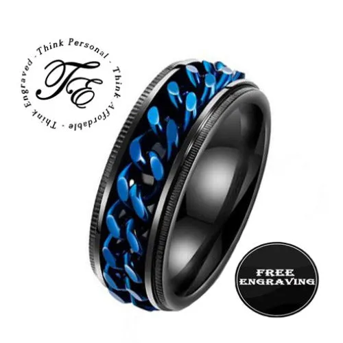 Personalized Men's Promise Ring - Black and Blue Chain Spinner Ring