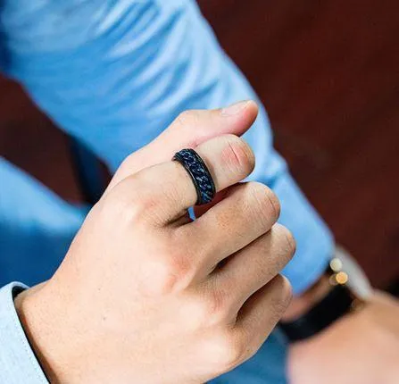 Personalized Men's Promise Ring - Black and Blue Chain Spinner Ring