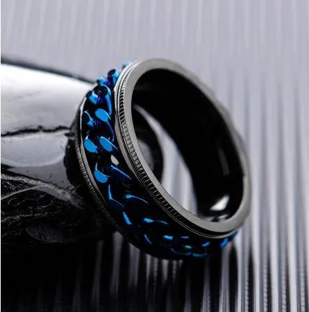 Personalized Men's Promise Ring - Black and Blue Chain Spinner Ring