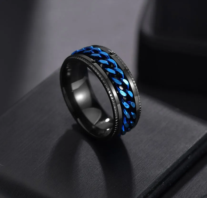 Personalized Men's Promise Ring - Black and Blue Chain Spinner Ring