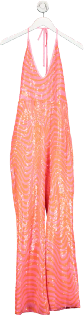 Pink Sequin Swirl Pattern Halter Jumpsuit UK S/M