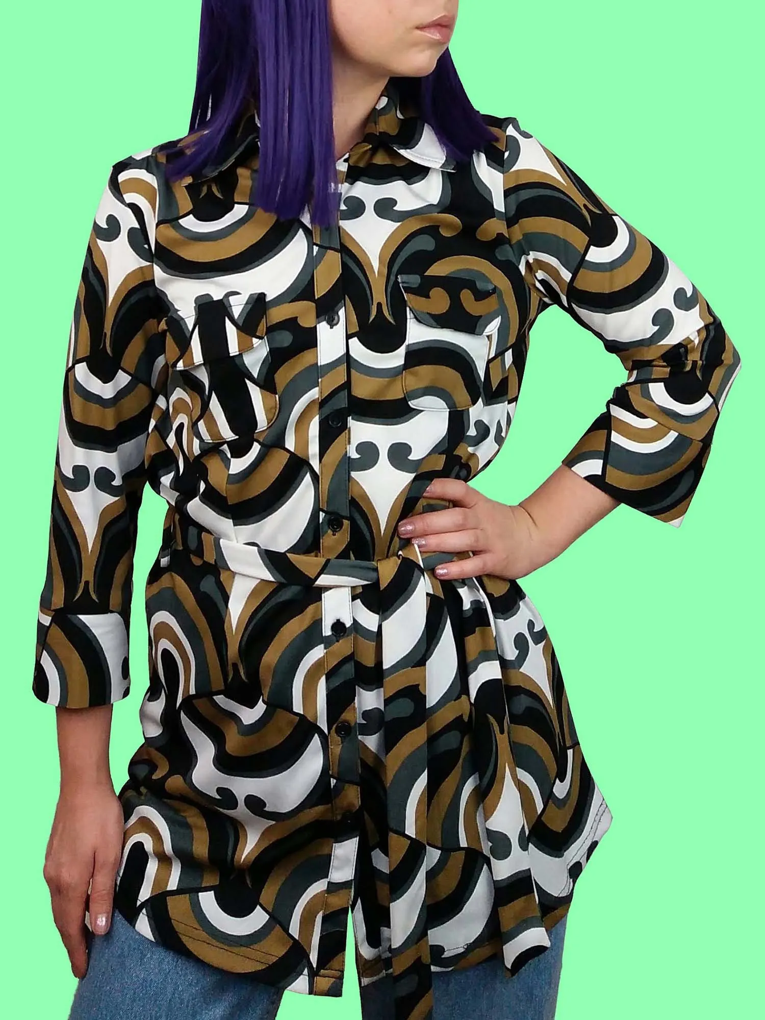 Retro Pattern Button-up Dress Blouse - size S-M