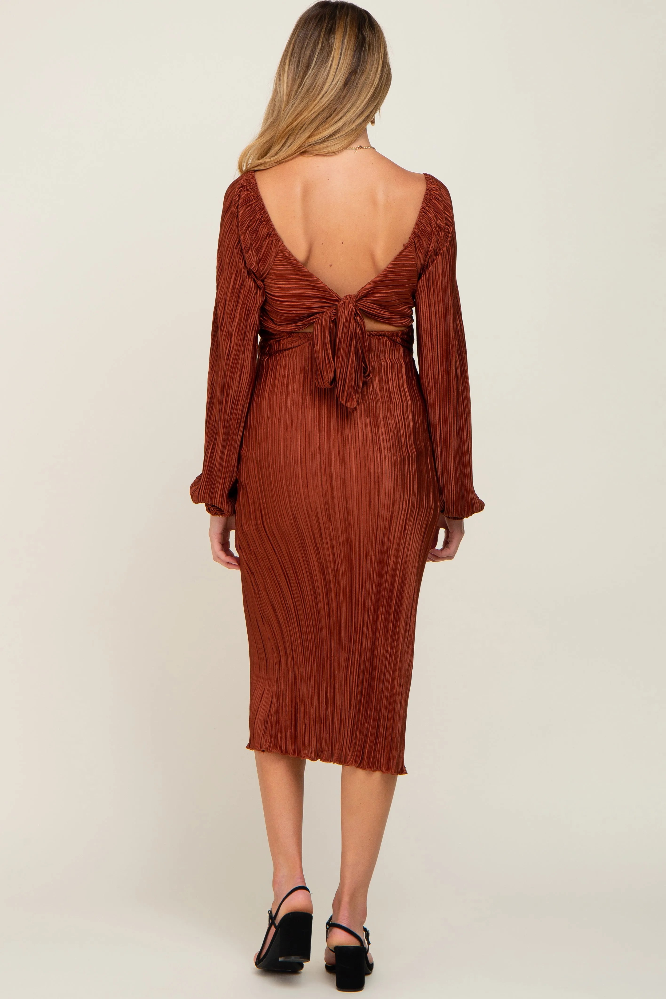 Rust Pleated Front Cutout Back Tie Maternity Midi Dress