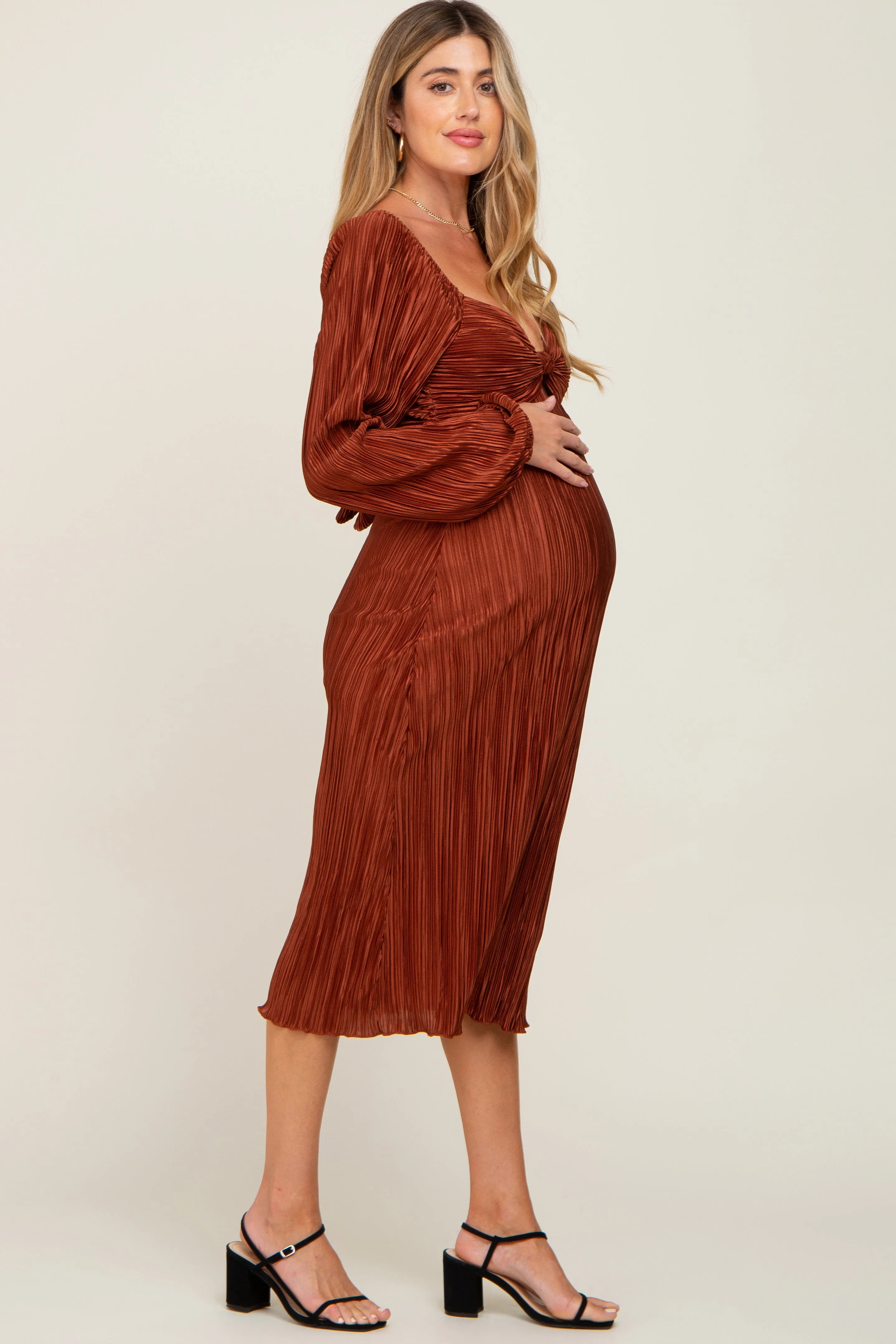 Rust Pleated Front Cutout Back Tie Maternity Midi Dress