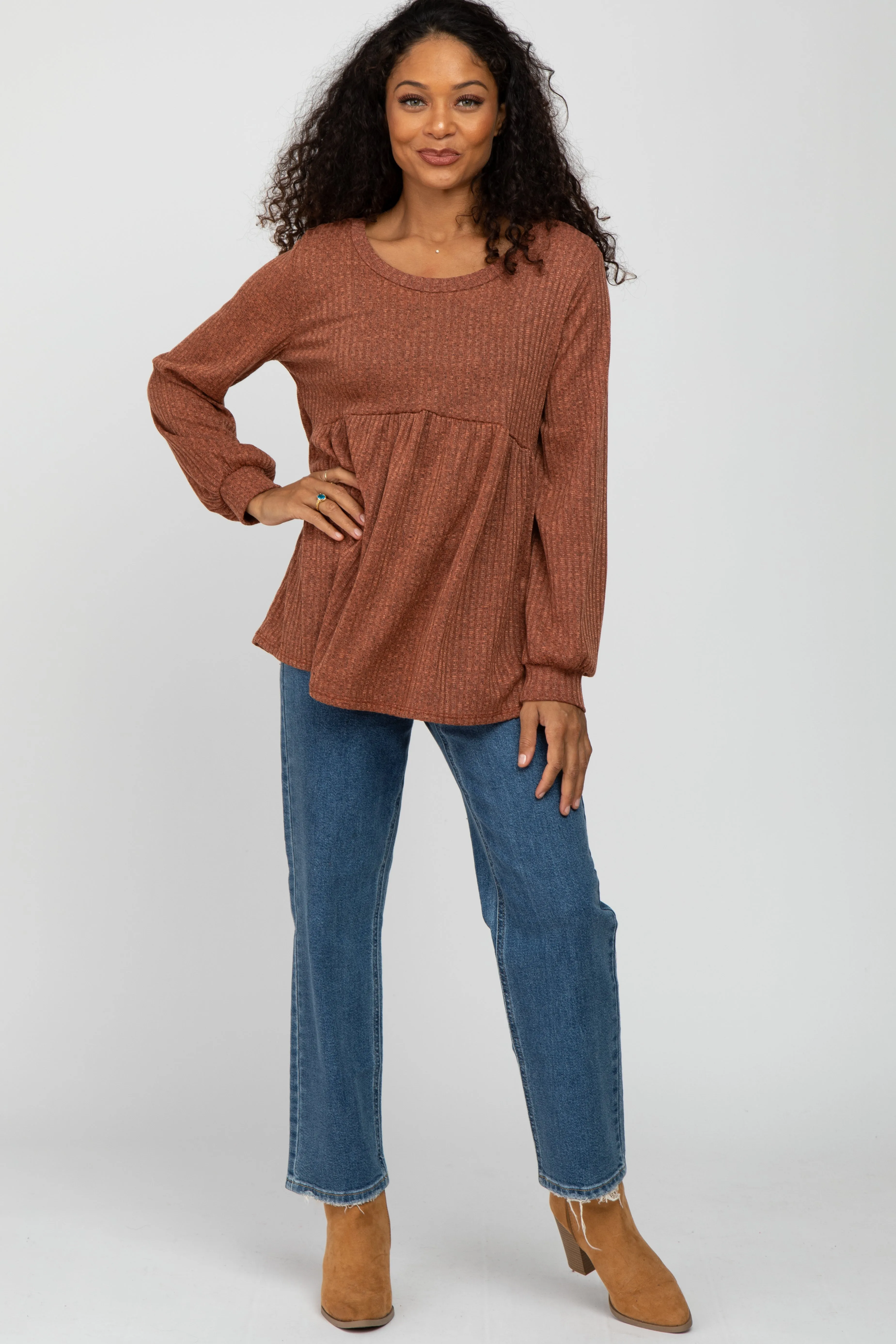 Rust Textured Knit Babydoll Long Sleeve Top